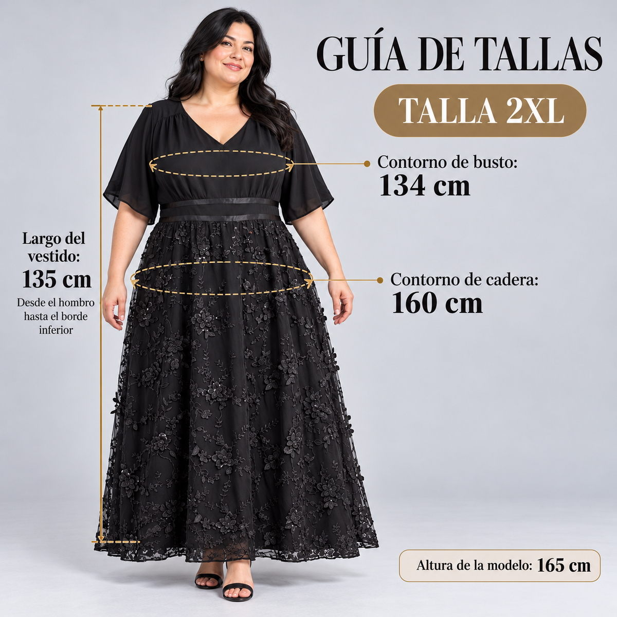 Guía de tallas del vestido negro de encaje 2XL con busto, cadera y largo.