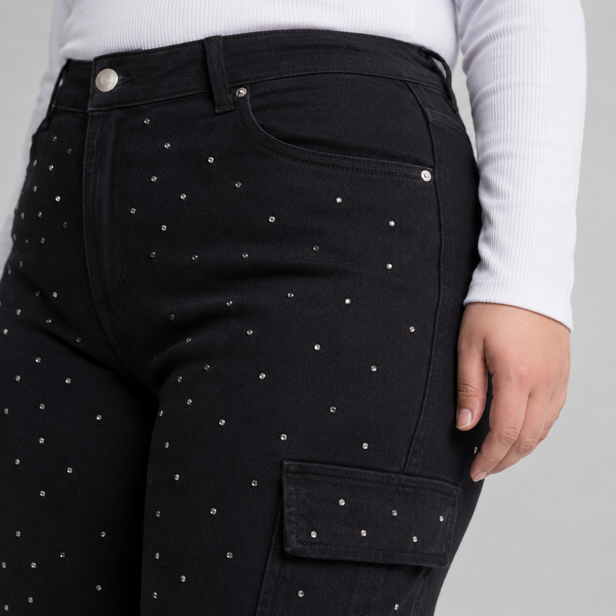 Jeans wide leg cargo mujer talla grande con brillos