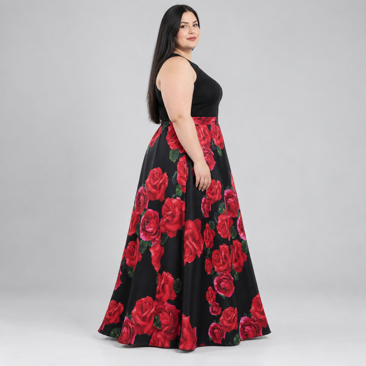 Falda larga mujer B. Darlin negra con rosas rojas