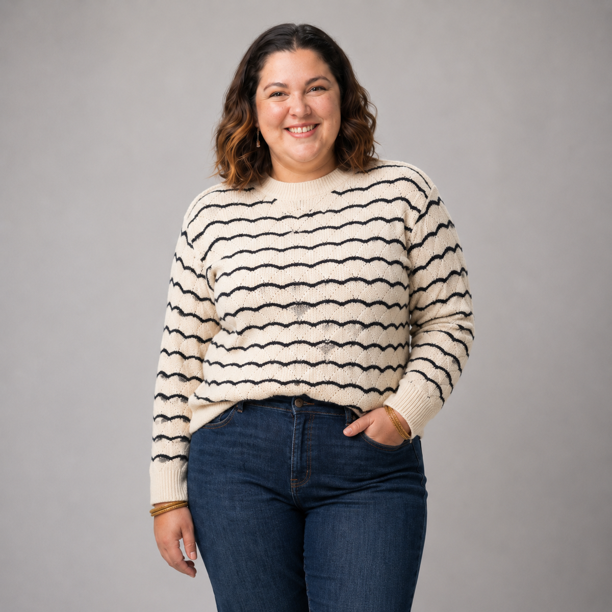 Sweater mujer talla grande blanco con franjas negras L
