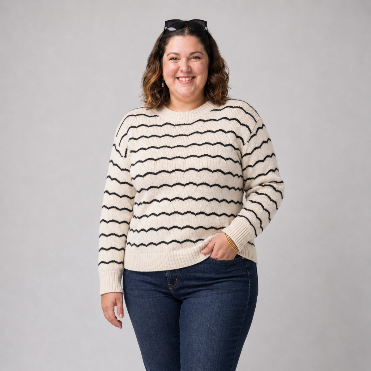 Sweater mujer talla grande blanco con franjas negras L