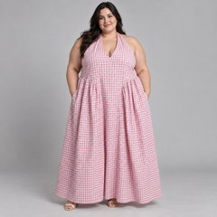 Vestido Maxi a Cuadros Vichy Rosa Fashion Nova 3XL