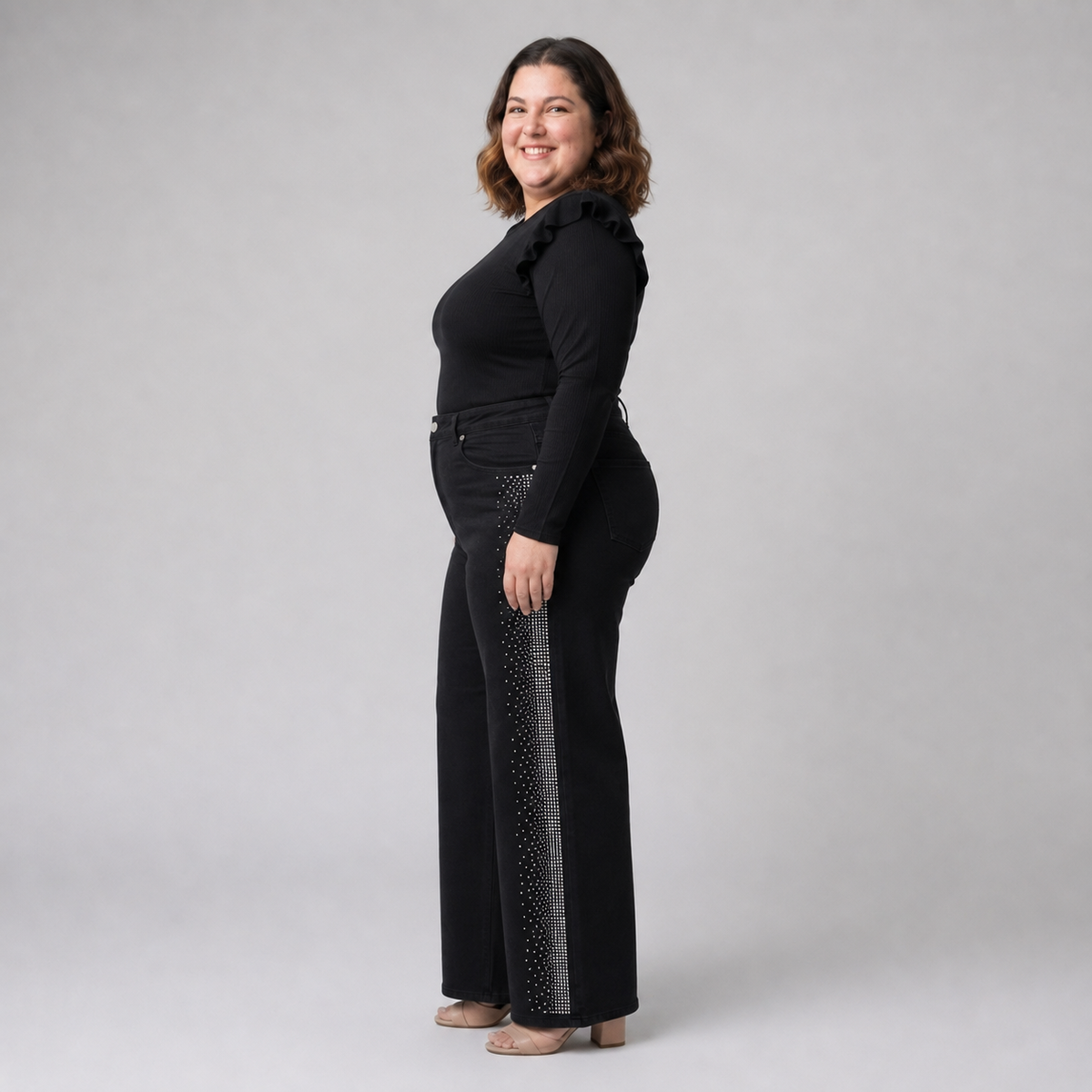 Jeans wide leg mujer talla grande con brillos laterales