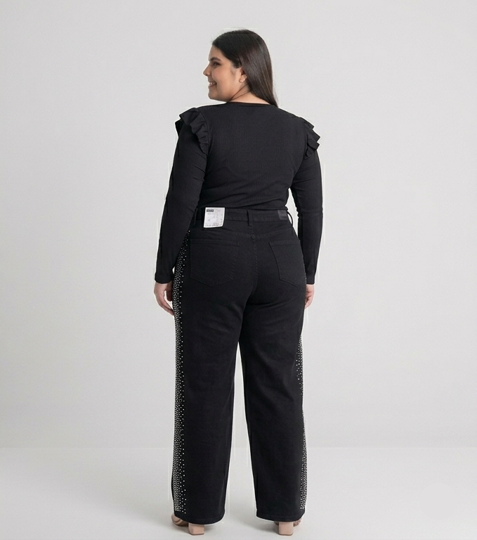 jeans wide leg mujer talla grande con brillos laterales