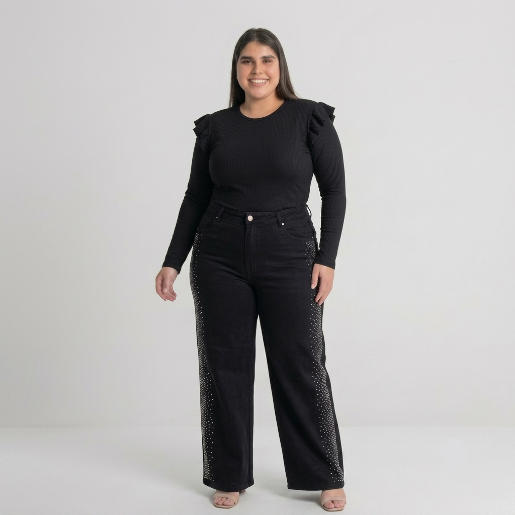 jeans wide leg mujer talla grande con brillos laterales