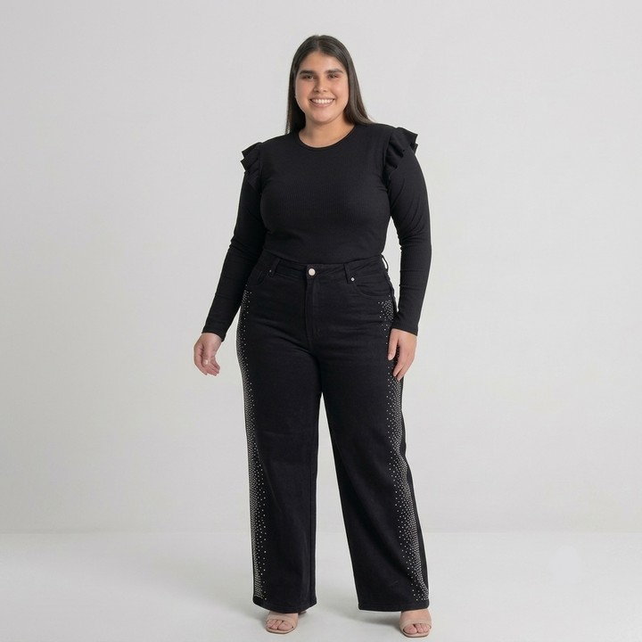 jeans wide leg mujer talla grande con brillos laterales