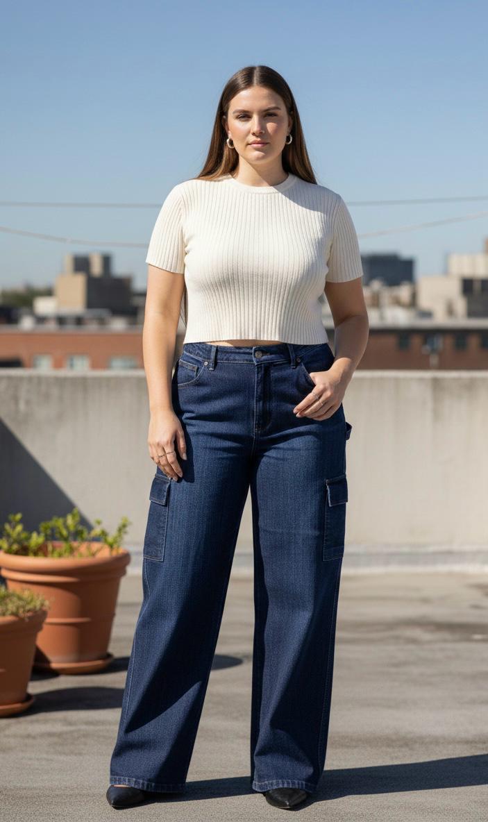 Jeans wide leg cargo mujer talla grande elasticado  confección nacional