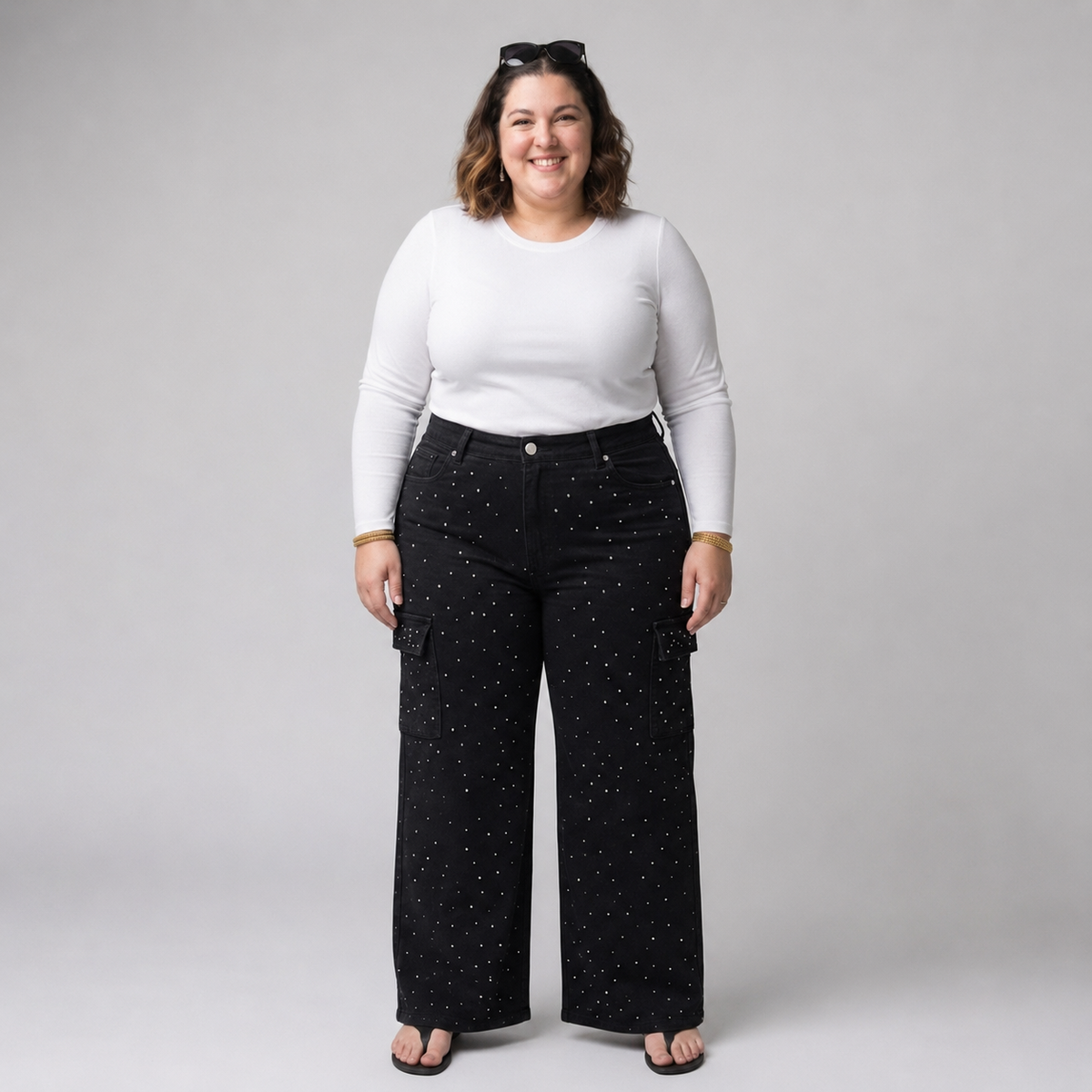 Jeans wide leg cargo mujer talla grande con brillos