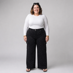 Jeans wide leg cargo mujer talla grande con brillos