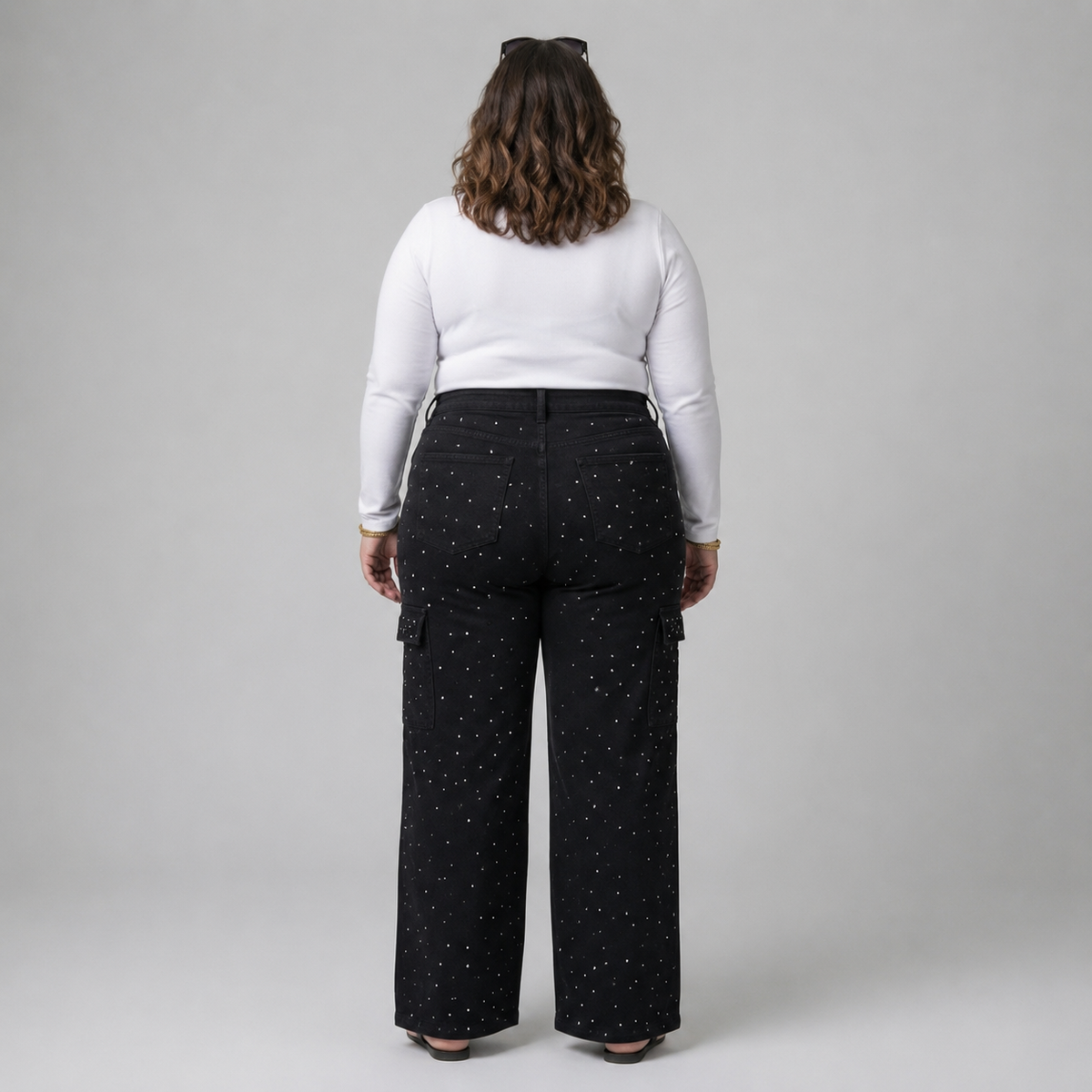Jeans wide leg cargo mujer talla grande con brillos