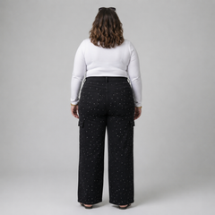 Jeans wide leg cargo mujer talla grande con brillos
