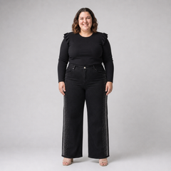 Jeans wide leg mujer talla grande con brillos laterales