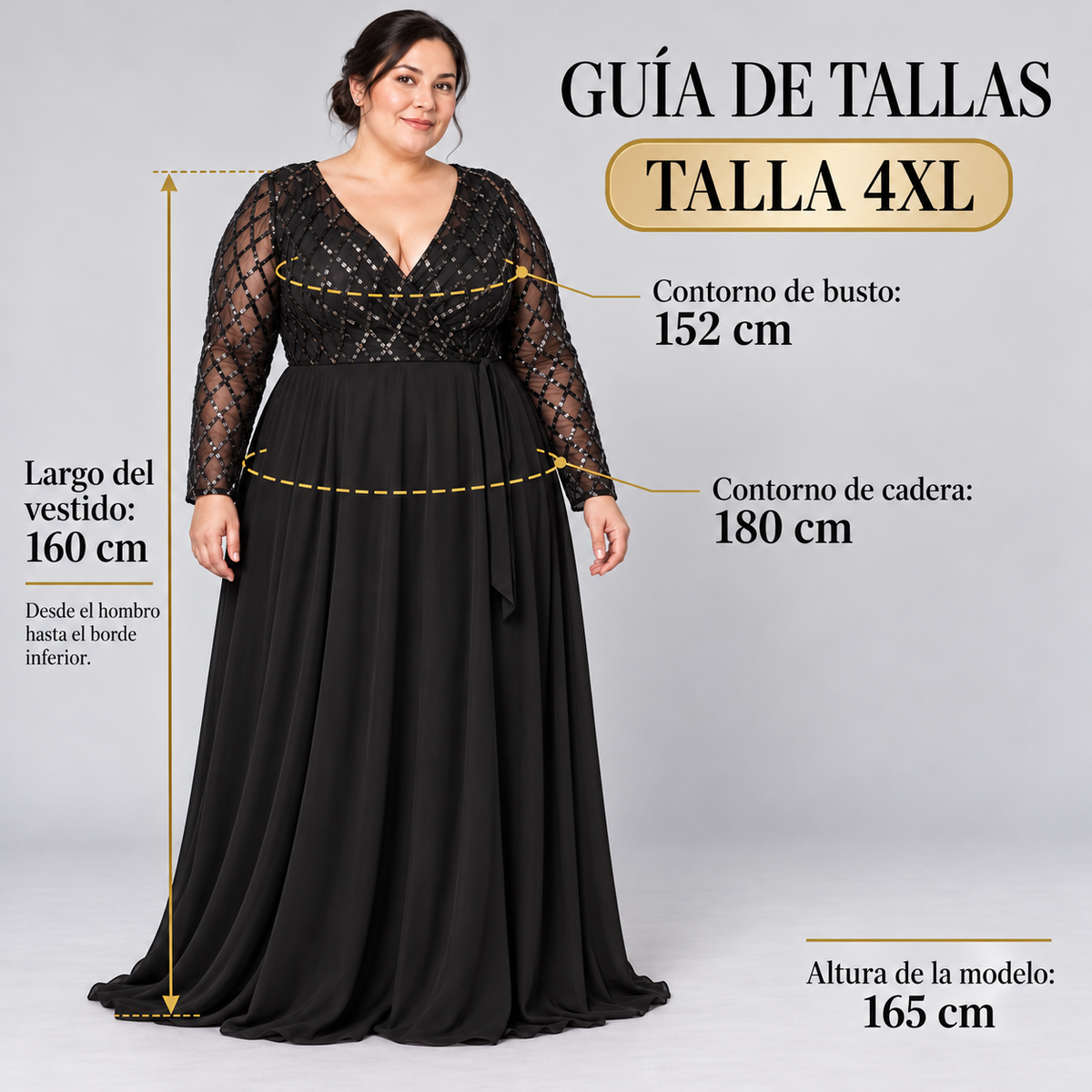 Guía de tallas del vestido negro de encaje 4XL con busto, cadera y largo.