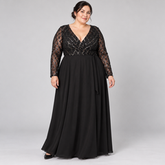 Vista frontal del vestido negro largo con mangas transparentes talla 4XL.