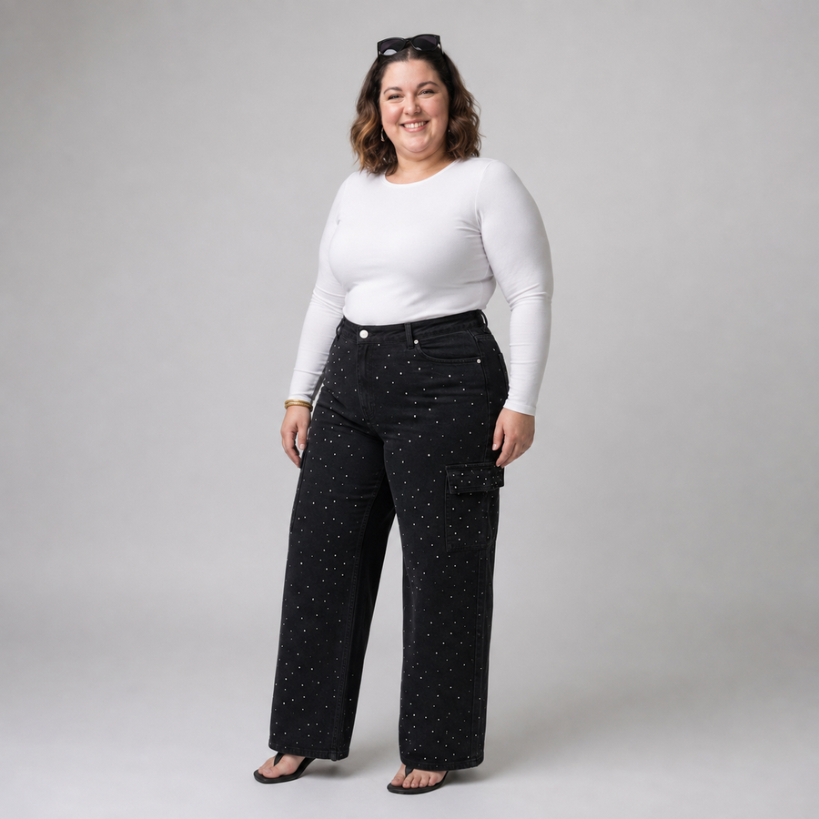 Jeans wide leg cargo mujer talla grande con brillos