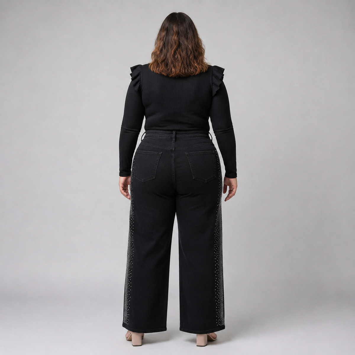 Jeans wide leg mujer talla grande con brillos laterales