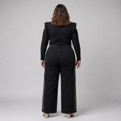 Jeans wide leg mujer talla grande con brillos laterales