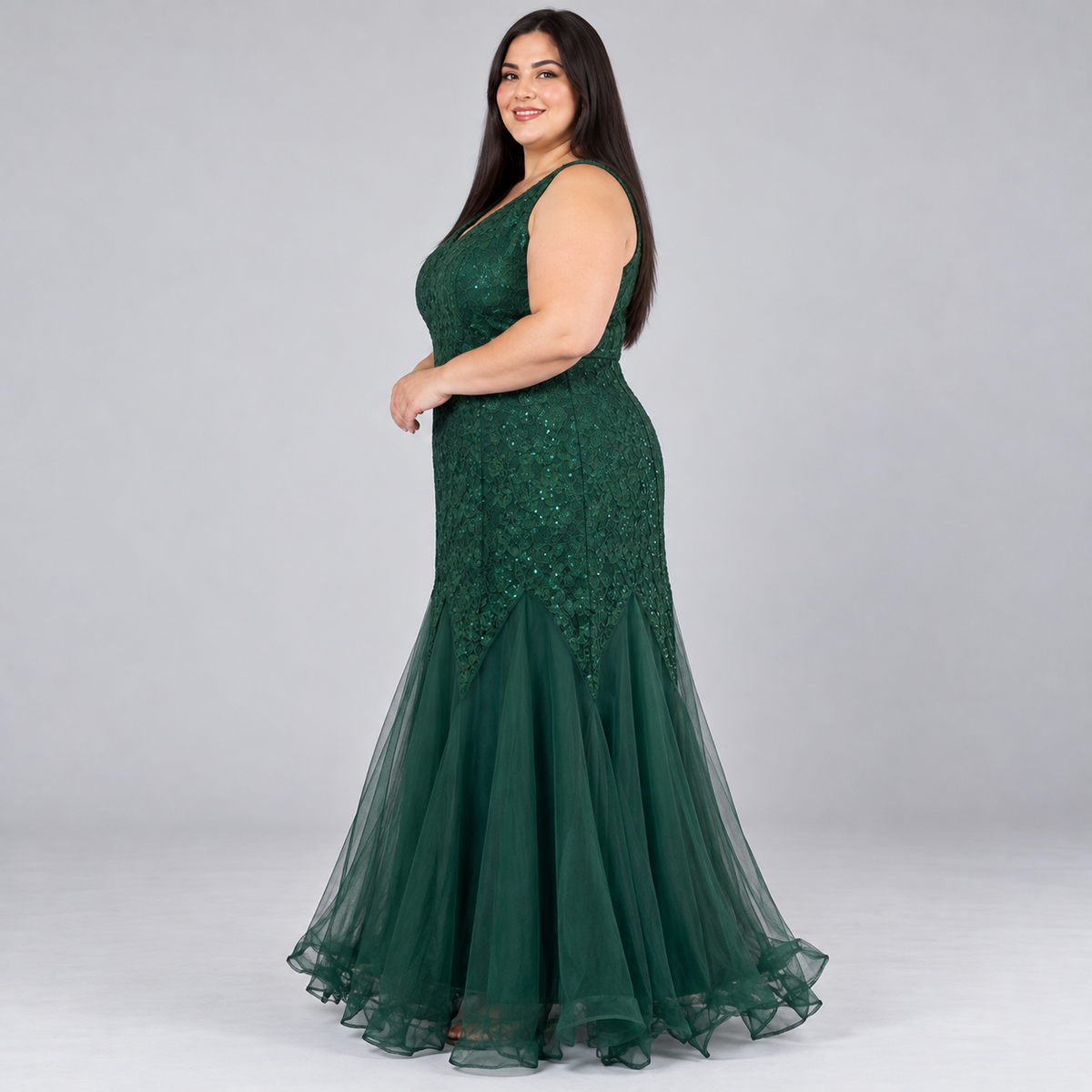 Vestido verde de encaje con silueta sirena y falda larga, talla 2XL.