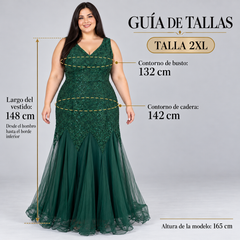 Guía de tallas del vestido verde de encaje 2XL con busto, cadera y largo.