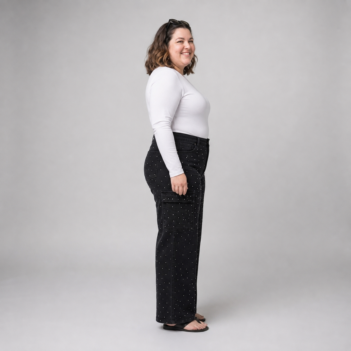Jeans wide leg cargo mujer talla grande con brillos