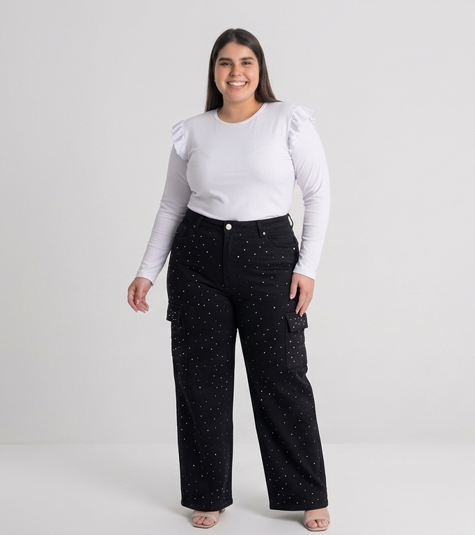 Jeans wide leg cargo mujer talla grande con brillos