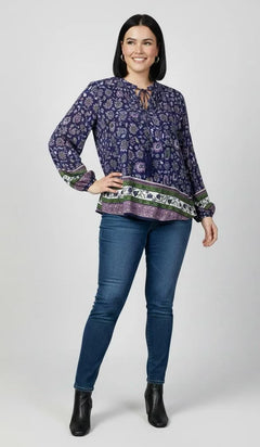 Blusa azul con flores lilas mujer talla grande Natural Life